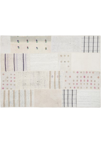 Bej Patchwork Etnik Modern Desenli Yün Hav Toz Vermez Leke Tutmayan Salon Yolluk Mutfak El Dokuma Halı