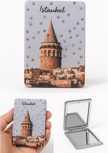 Anılarla Dolu Istanbul Hatırası Işıltılı Taşlı Galata Kulesi Katlanabilir Mini Makyaj Cep Aynası