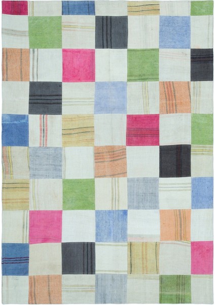 Teselya Bej Patchwork Etnik Modern Desenli Yün Hav Toz Vermez Leke Tutmayan Salon Yolluk Mutfak El Dokuma Halı