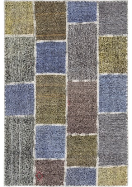 Teselya Gri Patchwork Etnik Modern Desenli Yün Hav Toz Vermez Leke Tutmayan Salon Yolluk Mutfak El Dokuma Halı