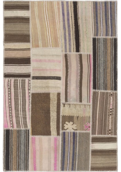 Teselya Bej Çizgili Etnik Modern Desenli Yün Hav Toz Vermez Leke Tutmayan Salon Yolluk Mutfak El Dokuma Halı