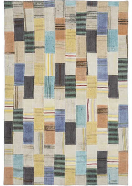 Teselya Bej Patchwork Etnik Modern Desenli Yün Hav Toz Vermez Leke Tutmayan Salon Yolluk Mutfak El Dokuma Halı