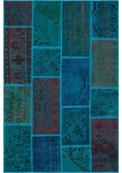 Iskece Turkuaz Eskitme Etnik Modern Desenli Yün Hav Toz Vermez Leke Tutmayan Salon Yolluk Mutfak El Dokuma Halı