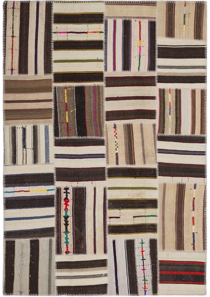 Teselya Bej Çizgili Etnik Modern Desenli Yün Hav Toz Vermez Leke Tutmayan Salon Yolluk Mutfak El Dokuma Halı