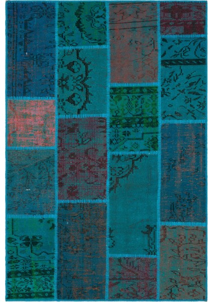 Iskece Turkuaz Eskitme Etnik Modern Desenli Yün Hav Toz Vermez Leke Tutmayan Salon Yolluk Mutfak El Dokuma Halı