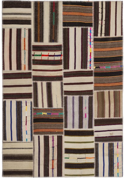 Teselya Kahverengi Çizgili Etnik Modern Desenli Yün Hav Toz Vermez Leke Tutmayan Salon Yolluk Mutfak El Dokuma Halı