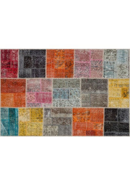 Gri Patchwork Etnik Modern Desenli Yün Hav Toz Vermez Leke Tutmayan Salon Yolluk Mutfak El Dokuma Halı
