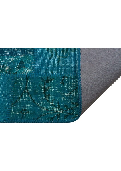 Mavi Patchwork Etnik Modern Desenli Yün Hav Toz Vermez Leke Tutmayan Salon Yolluk Mutfak El Dokuma Halı