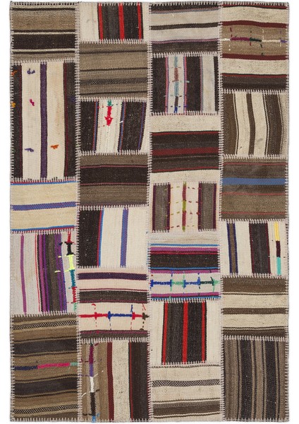 Teselya Bej Çizgili Etnik Modern Desenli Yün Hav Toz Vermez Leke Tutmayan Salon Yolluk Mutfak El Dokuma Halı