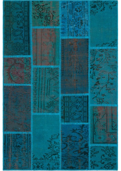 Iskece Turkuaz Eskitme Etnik Modern Desenli Yün Hav Toz Vermez Leke Tutmayan Salon Yolluk Mutfak El Dokuma Halı