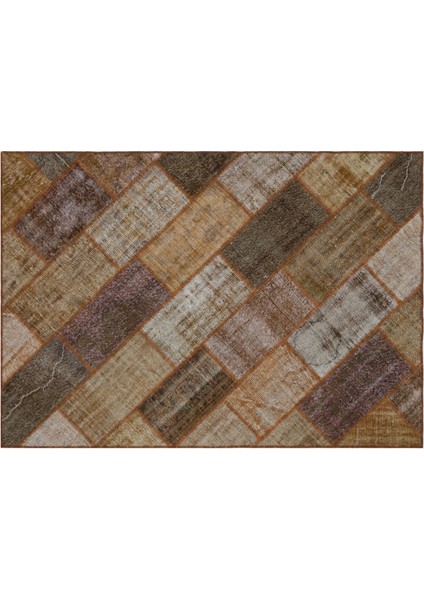 Kahverengi Patchwork Etnik Modern Desenli Yün Hav Toz Vermez Leke Tutmayan Salon Yolluk Mutfak El Dokuma Halı