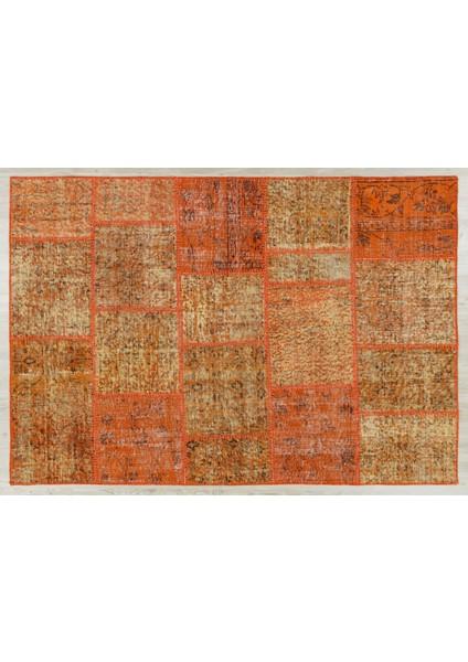 Turuncu Patchwork Etnik Modern Desenli Yün Hav Toz Vermez Leke Tutmayan Salon Yolluk Mutfak El Dokuma Halı