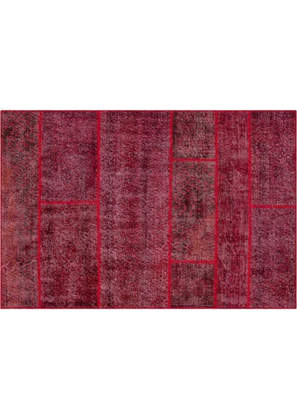 Kırmızı Patchwork Etnik Modern Desenli Yün Hav Toz Vermez Leke Tutmayan Salon Yolluk Mutfak El Dokuma Halı