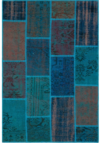 Iskece Turkuaz Eskitme Etnik Modern Desenli Yün Hav Toz Vermez Leke Tutmayan Salon Yolluk Mutfak El Dokuma Halı