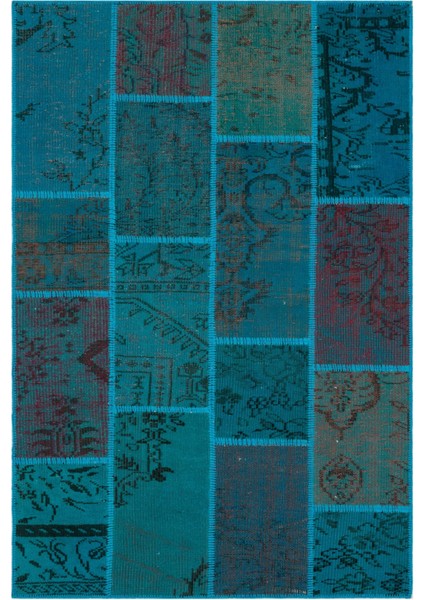 Iskece Turkuaz Eskitme Etnik Modern Desenli Yün Hav Toz Vermez Leke Tutmayan Salon Yolluk Mutfak El Dokuma Halı