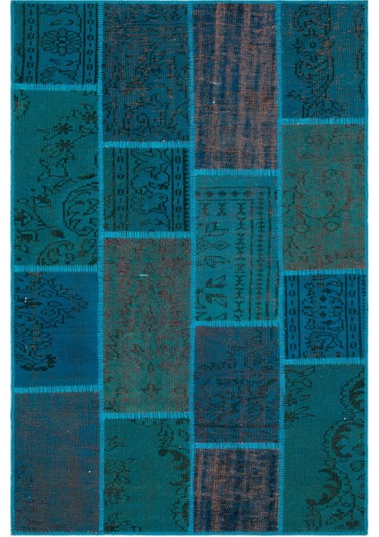 Iskece Turkuaz Eskitme Etnik Modern Desenli Yün Hav Toz Vermez Leke Tutmayan Salon Yolluk Mutfak El Dokuma Halı