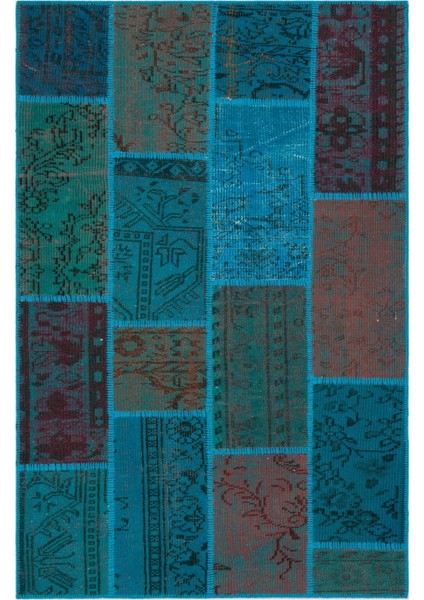 Iskece Turkuaz Eskitme Etnik Modern Desenli Yün Hav Toz Vermez Leke Tutmayan Salon Yolluk Mutfak El Dokuma Halı