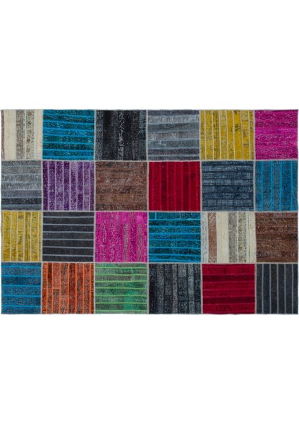 Kırmızı Patchwork Etnik Modern Desenli Yün Hav Toz Vermez Leke Tutmayan Salon Yolluk Mutfak El Dokuma Halı