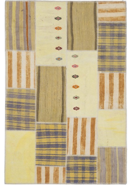 Teselya Sarı Patchwork Etnik Modern Desenli Yün Hav Toz Vermez Leke Tutmayan Salon Yolluk Mutfak El Dokuma Halı