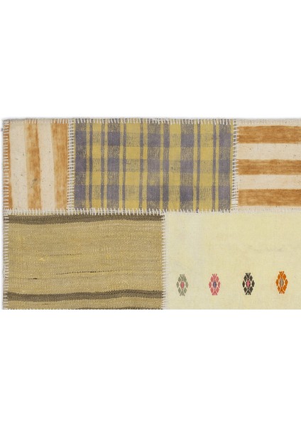 Teselya Sarı Patchwork Etnik Modern Desenli Yün Hav Toz Vermez Leke Tutmayan Salon Yolluk Mutfak El Dokuma Halı fiyatları
