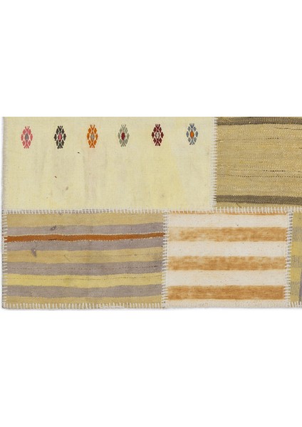 Teselya Sarı Patchwork Etnik Modern Desenli Yün Hav Toz Vermez Leke Tutmayan Salon Yolluk Mutfak El Dokuma Halı fırsatları