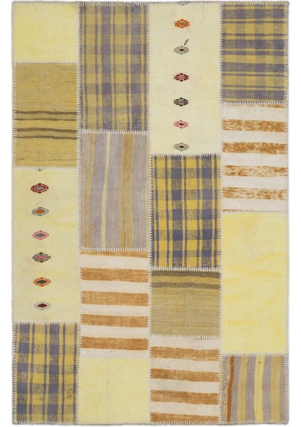 Teselya Sarı Patchwork Etnik Modern Desenli Yün Hav Toz Vermez Leke Tutmayan Salon Yolluk Mutfak El Dokuma Halı