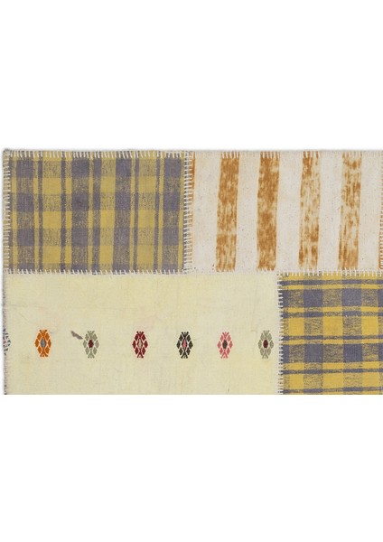 Teselya Sarı Patchwork Etnik Modern Desenli Yün Hav Toz Vermez Leke Tutmayan Salon Yolluk Mutfak El Dokuma Halı fiyatları