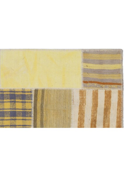 Teselya Sarı Patchwork Etnik Modern Desenli Yün Hav Toz Vermez Leke Tutmayan Salon Yolluk Mutfak El Dokuma Halı modelleri
