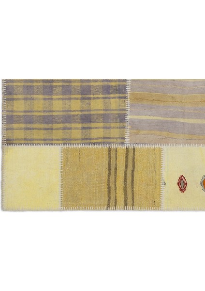Teselya Sarı Patchwork Etnik Modern Desenli Yün Hav Toz Vermez Leke Tutmayan Salon Yolluk Mutfak El Dokuma Halı fırsatları