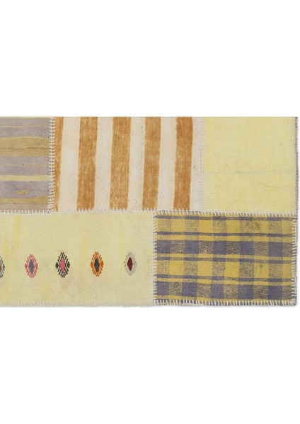 Teselya Sarı Patchwork Etnik Modern Desenli Yün Hav Toz Vermez Leke Tutmayan Salon Yolluk Mutfak El Dokuma Halı indirimleri