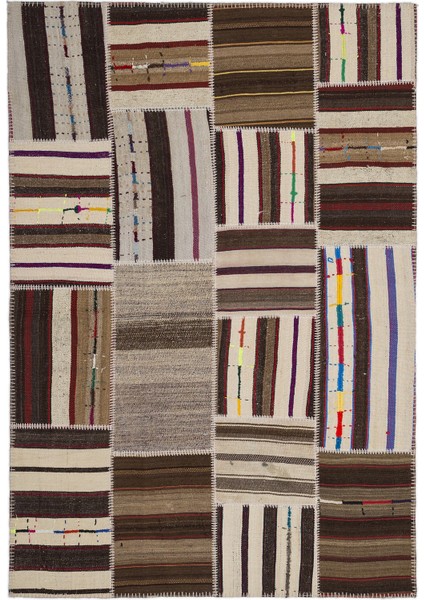 Teselya Bej Çizgili Etnik Modern Desenli Yün Hav Toz Vermez Leke Tutmayan Salon Yolluk Mutfak El Dokuma Halı