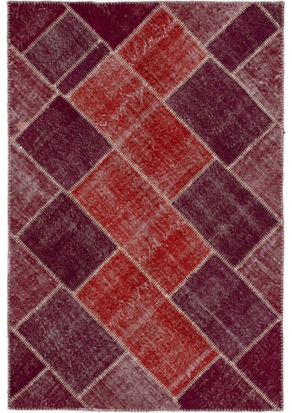 Teselya Kırmızı Patchwork Etnik Modern Desenli Yün Hav Toz Vermez Leke Tutmayan Salon Yolluk Mutfak El Dokuma Halı