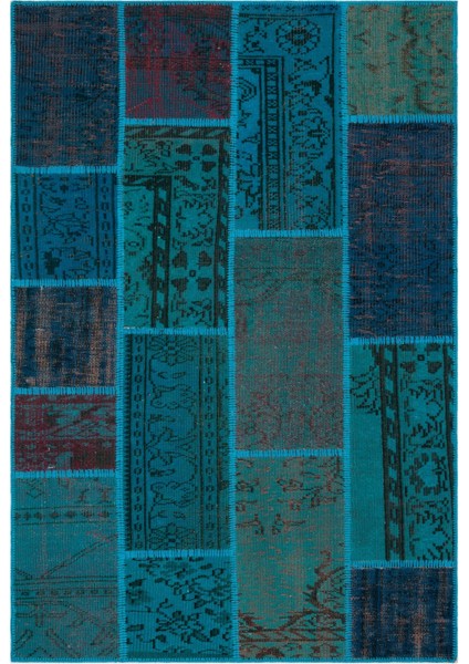 Iskece Turkuaz Eskitme Etnik Modern Desenli Yün Hav Toz Vermez Leke Tutmayan Salon Yolluk Mutfak El Dokuma Halı