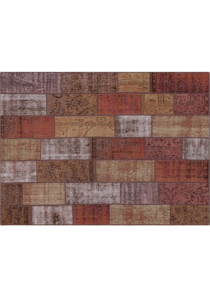 Kahverengi Patchwork Etnik Modern Desenli Yün Hav Toz Vermez Leke Tutmayan Salon Yolluk Mutfak El Dokuma Halı