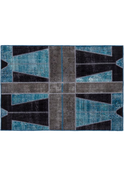 Turkuaz Patchwork Etnik Modern Desenli Yün Hav Toz Vermez Leke Tutmayan Salon Yolluk Mutfak El Dokuma Halı