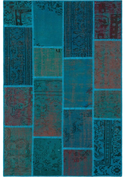 Iskece Turkuaz Eskitme Etnik Modern Desenli Yün Hav Toz Vermez Leke Tutmayan Salon Yolluk Mutfak El Dokuma Halı