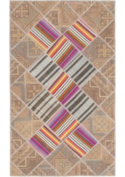 Teselya Bej Çizgili Yün Modern Desenli Yün Hav Toz Vermez Leke Tutmayan Salon Yolluk Mutfak El Dokuma Halı