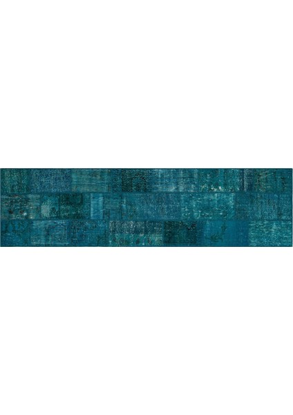 Mavi Patchwork Etnik Modern Desenli Yün Hav Toz Vermez Leke Tutmayan Salon Yolluk Mutfak El Dokuma Halı