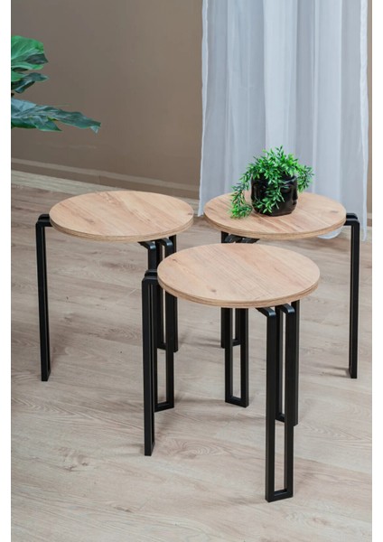 Linea Zigon 3’lü Sehpa Seti | Metal Gövde & Ahşap Tabla