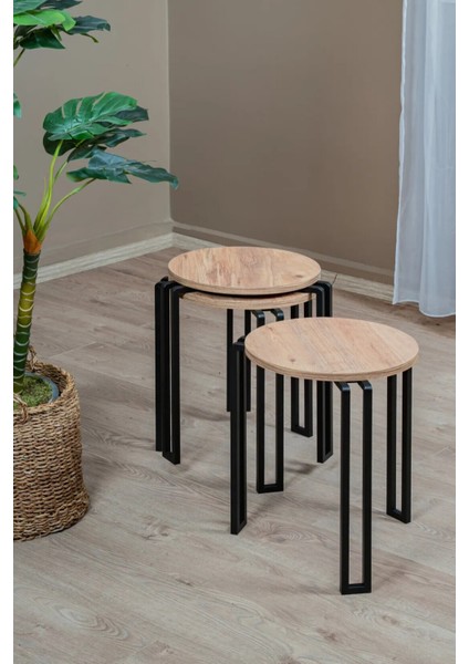 Linea Zigon 3’lü Sehpa Seti | Metal Gövde & Ahşap Tabla modelleri