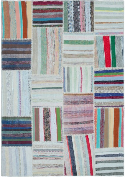 Girit Beyaz Çizgili Yün Modern Desenli Yün Hav Toz Vermez Leke Tutmayan Salon Yolluk Mutfak El Dokuma Halı