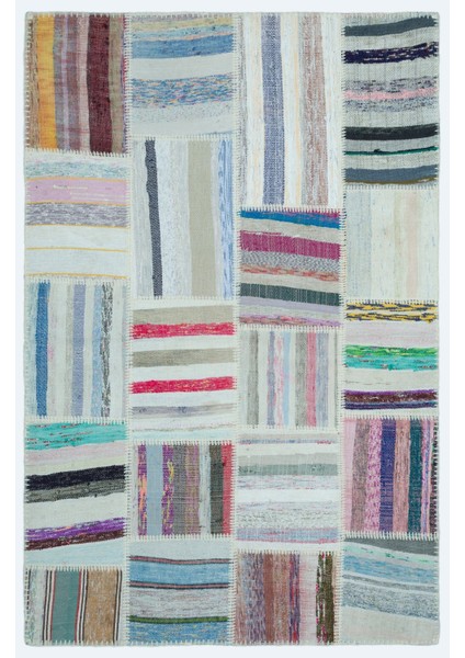 Teselya Turkuaz Patchwork Yün Modern Desenli Yün Hav Toz Vermez Leke Tutmayan Salon Yolluk Mutfak El Dokuma Halı