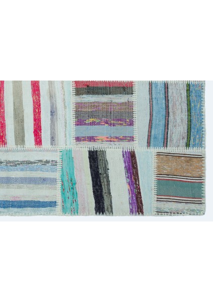 Teselya Turkuaz Patchwork Yün Modern Desenli Yün Hav Toz Vermez Leke Tutmayan Salon Yolluk Mutfak El Dokuma Halı modelleri