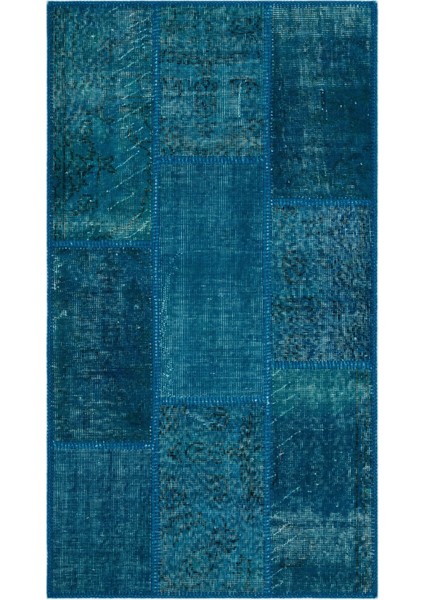 Teselya Turkuaz Patchwork Yün Modern Desenli Yün Hav Toz Vermez Leke Tutmayan Salon Yolluk Mutfak El Dokuma Halı