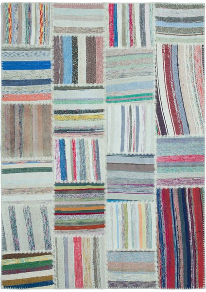 Teselya Mavi Patchwork Yün Modern Desenli Yün Hav Toz Vermez Leke Tutmayan Salon Yolluk Mutfak El Dokuma Halı