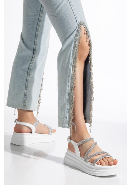 Taşlı Beyaz Sandalet Kadınlar İçin Ortopedik Tabanlı Şık Tasarım indirimleri