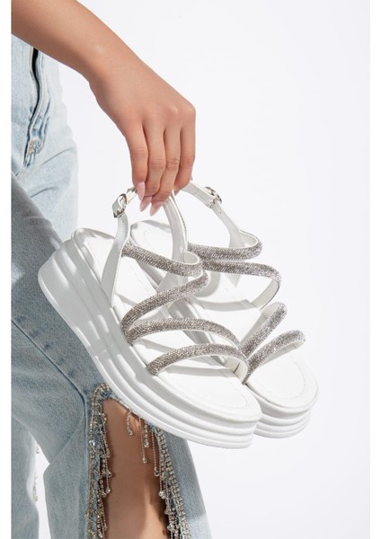 Taşlı Sandalet Kadınlar İçin Beyaz Renk Ortopedik Taban Yeni Sezon