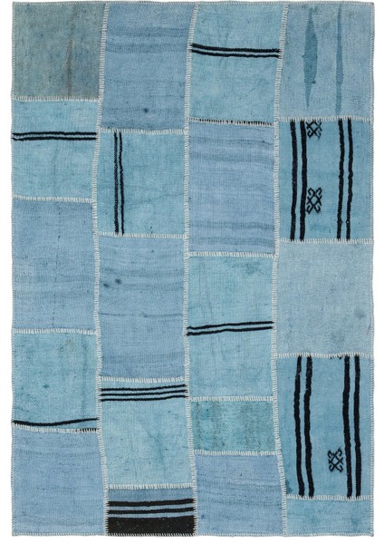 Iskece Turkuaz Eskitme Yün Modern Desenli Yün Hav Toz Vermez Leke Tutmayan Salon Yolluk Mutfak El Dokuma Halı