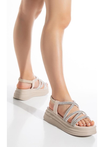 Kadın Sandalet Taşlı Detaylı Bej Renk Ortopedik Taban ile Rahat Kullanım
