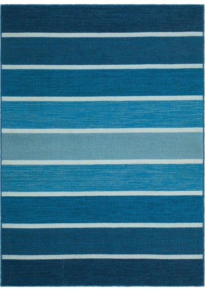 Teselya Mavi Çizgili Yün Modern Desenli Yün Hav Toz Vermez Leke Tutmayan Salon Yolluk Mutfak El Dokuma Halı